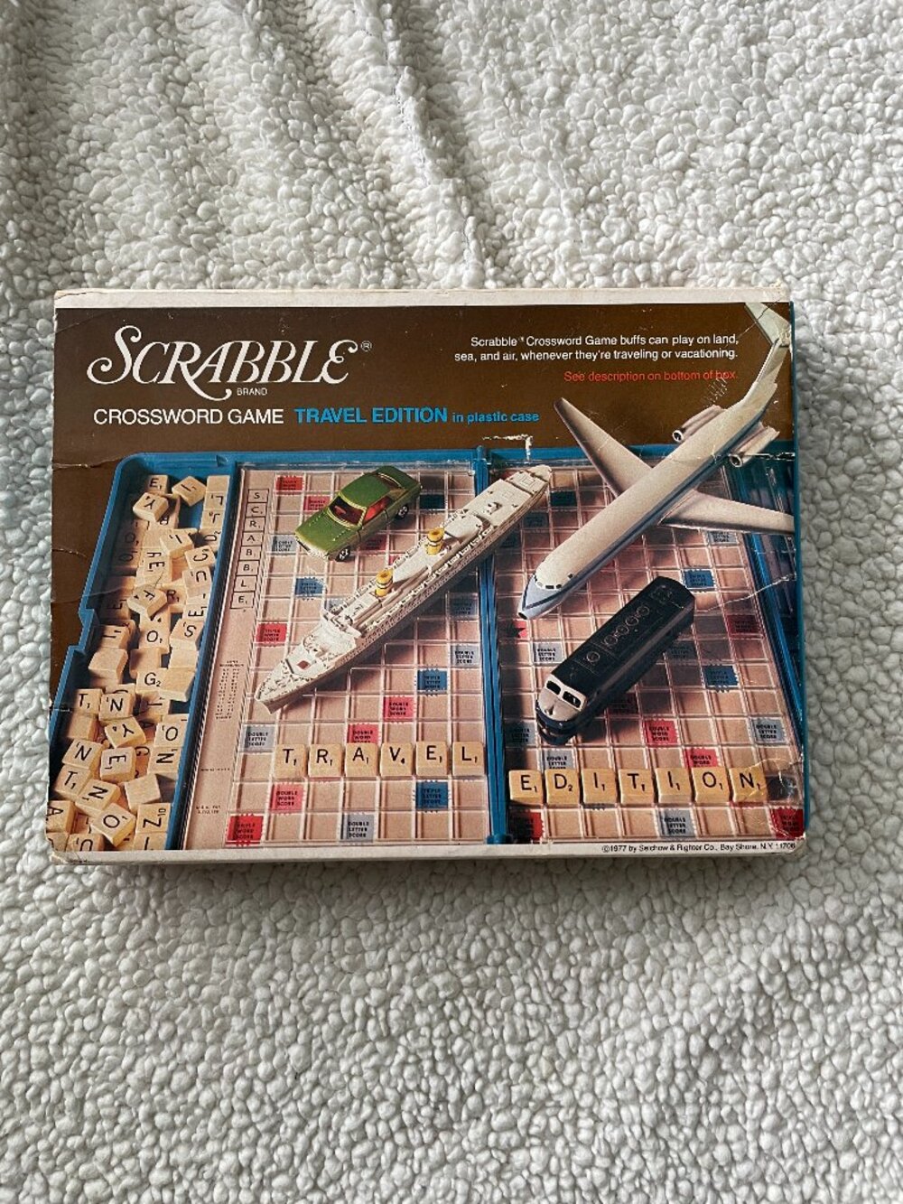 Vintage Scrabble Travel Game Wooden 96 Tiles Blue Case Set Clear Trays 1977